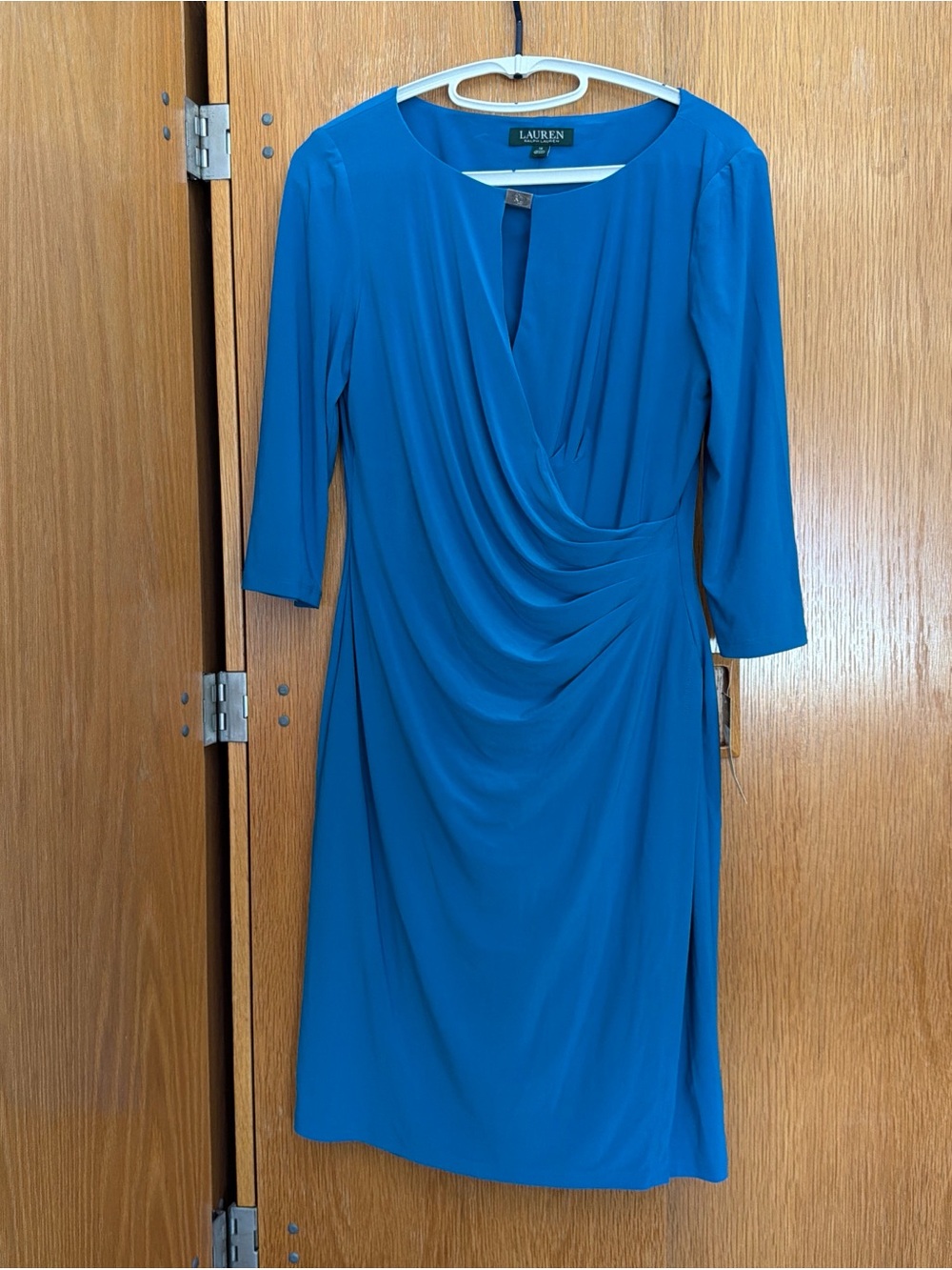 Ralph Lauren Coral Blue Draped Sheath Dress with Three-Quarter Sleeves